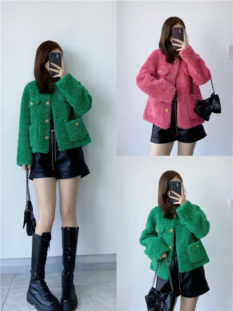 Casaco Preto Feminino 100 Australian Wool Green Pure Cashmere Coat 2023 New Young Ladies Gold Buckle Lamb Fur Jacket for Women