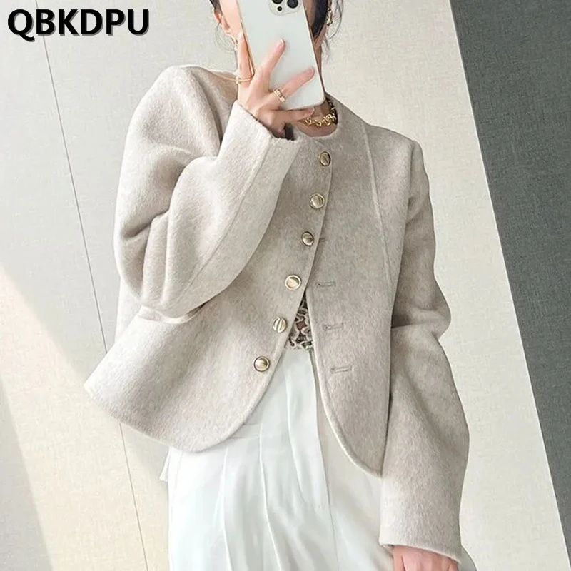 

Elegant Womens Vintage Woolen Short Jackets 2023 Korean Slim Coats Cropped Long Sleeve Chaquetas Spring Wool Blend Outwear