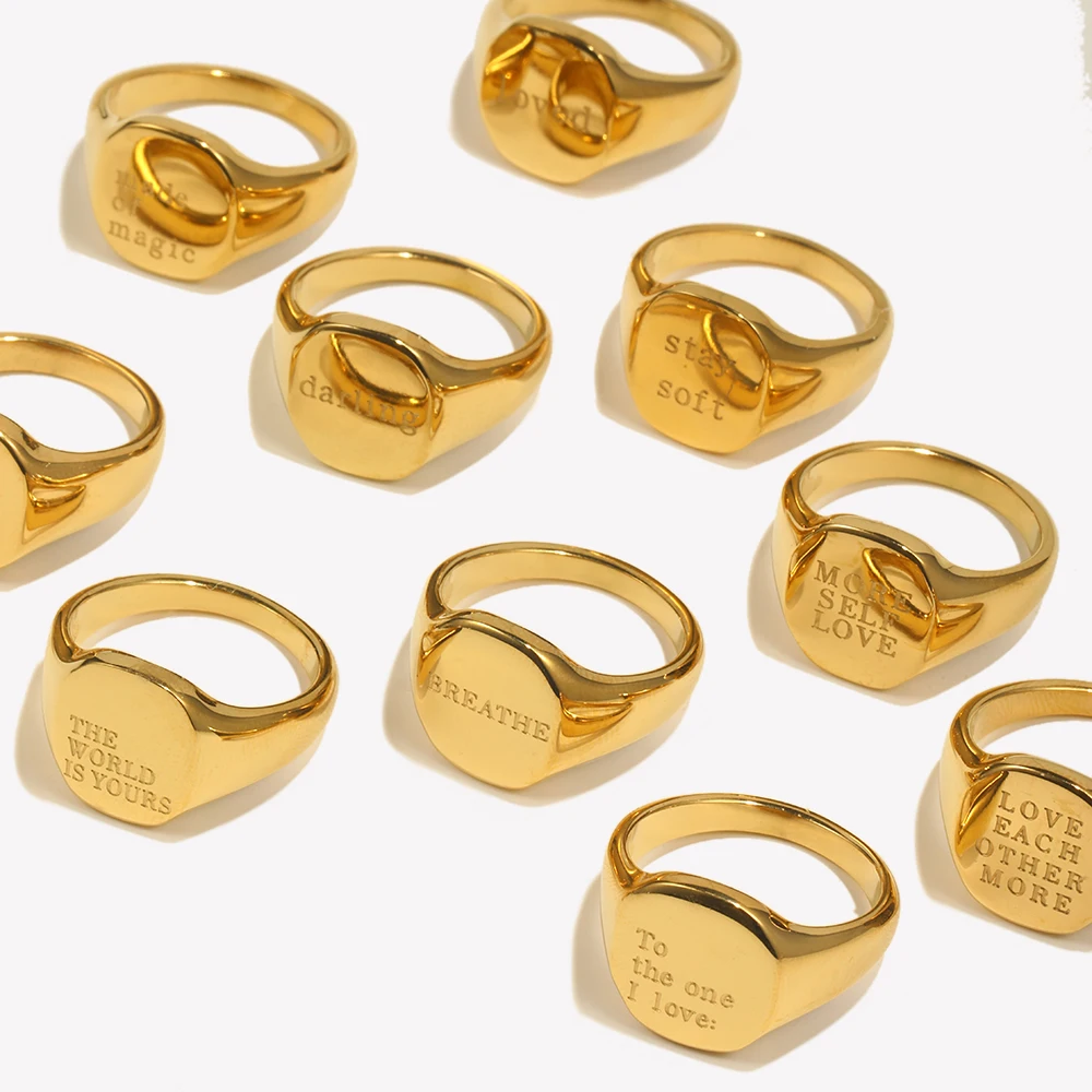 Engrave Jewelry Gift Minimalist Letter Word Suqare Stainless Steel Ring Water Resistant Gold Ring Plated For Women gold plated rings gold rings golden ring