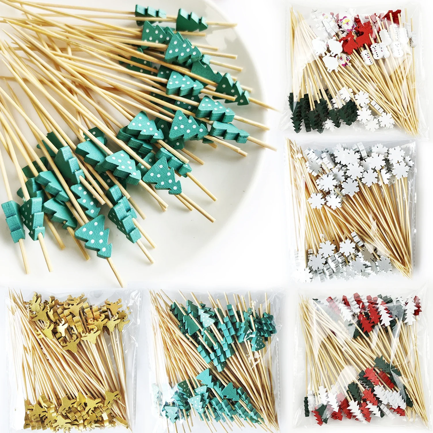 100Pcs Christmas Disposable Bamboo Skewers Santa Xmax Tree Fruit Fork Buffet Dessert Cocktail Sticks Christmas Decoration 2024