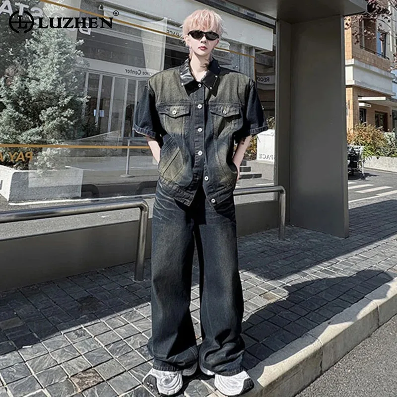 LUZHEN Pad Vintage Washed Shoulder 2025 Short Sleeve New Denim Jacket Men's Stylish Street Wide Leg Jeans Two-piece Sets JY2687