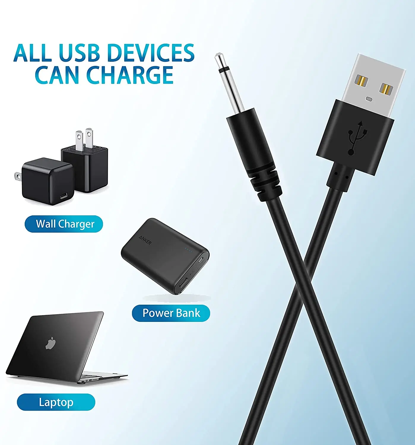 2.7Ft USB DC Charging Cable 2.5mm DC Charger Cord Fast Charging Replacement Cable 2 Pack