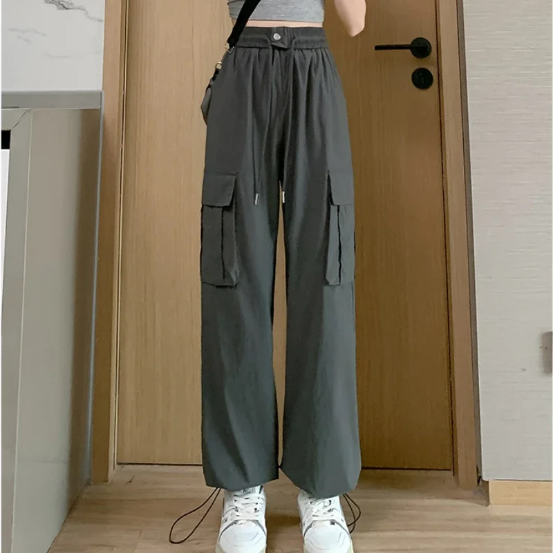 American Baggy Black Cargo Pants Women Summer Thin Drawstring High Waist Trouser Casual Loose Bundle Feet Streetwear Y2k