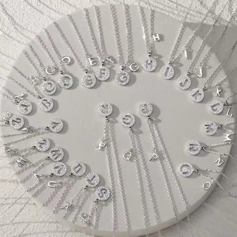 Silver Color Initial Letter Round Pendant Necklace for Women Name Pendant Necklace with Zirconia A to Z Charm Jewelry Gift