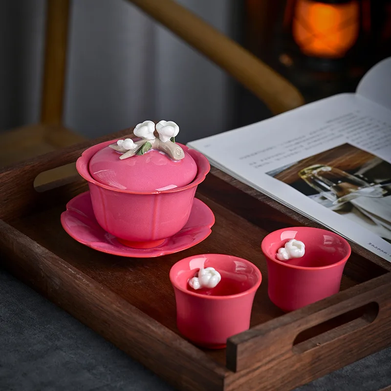 

Pinch Flowers Gaiwan Teacup Kung Fu Tea Set Household Teaware Ceramic Teapot Tea Cup Retro Rose Red Tea Sets Tea Pot and Cup Set