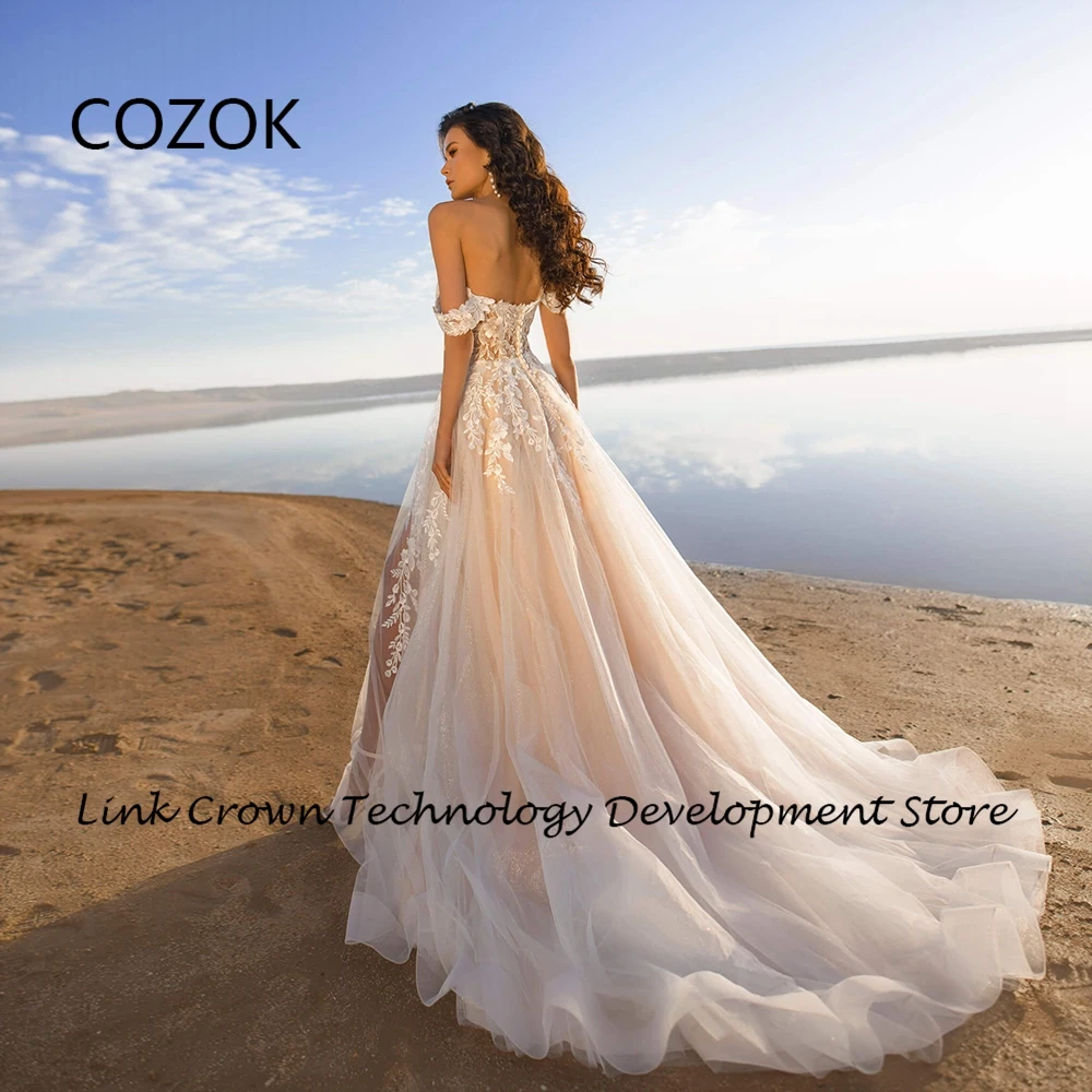 COZOK 오프 숄더 스트랩리스 아이보리 웨딩 드레스, 2024 공주용 신상 부드러운 얇은 명주 그물 신부 가운, 레이스 베스티도스, 여름