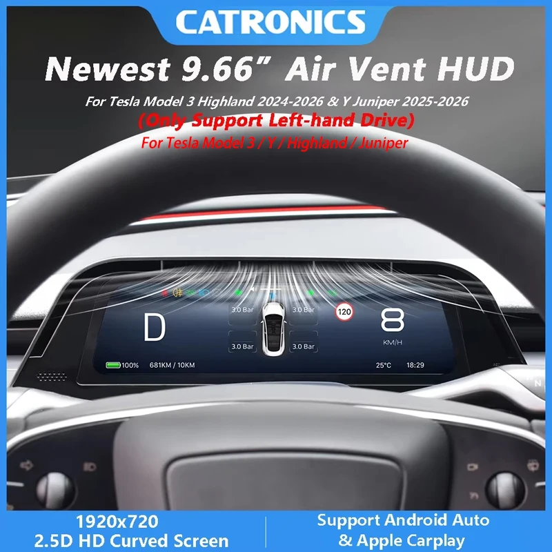 CATRONICS Nuevo HUD de 9.6 Pulgadas con Salida de Aire para Tesla Model 3 Highland 2024-2026 y Model Y Juniper 2025-2026 Compatible con Carplay y Android AUTO 1