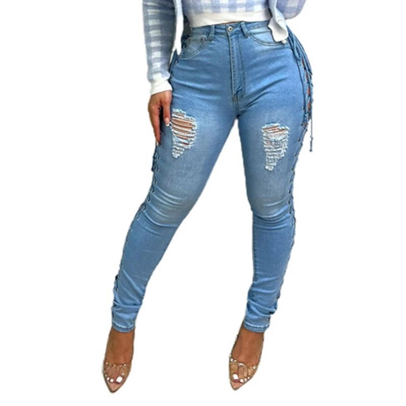 

Summer Side Bandage Ripped Jeans Women with Ties Lace Up Denim Pants Pantalones De Mujer Skinny High Waist Pencil Pants Trousers
