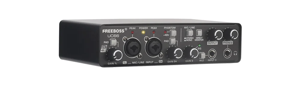 FREEBOSS Gitarren-Audio-Interface, 24 Bit, 48 kHz, 2 Mikrofoneingänge, externe Soundkarte mit DIR-Stereo-Mono für Computeraufnahmen, UC66 – Detail 24