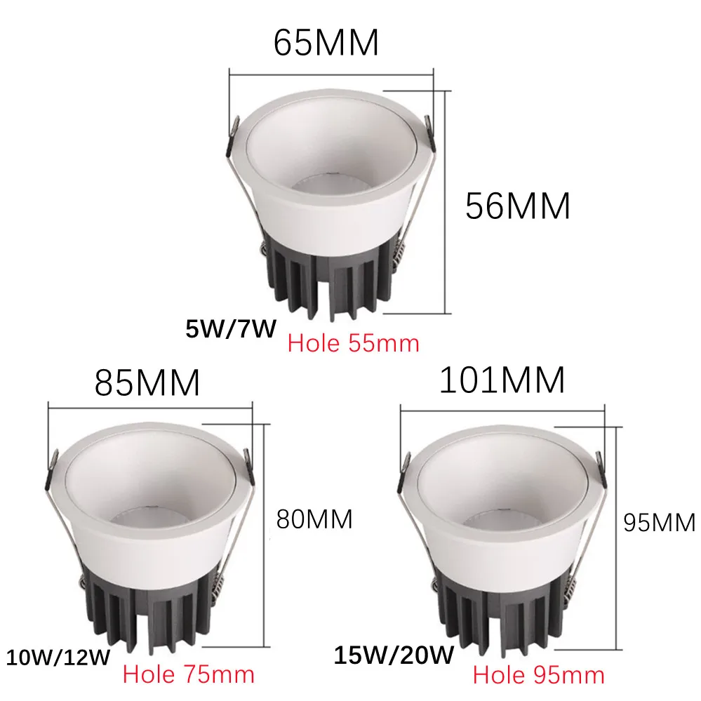 디밍이 가능한 LED 다운라이트 매립형 천장 램프 스포트라이트 알루미늄 COB 90V- 260V 홈 오피스 매장 스팟 LED 구멍 65/85/101mm