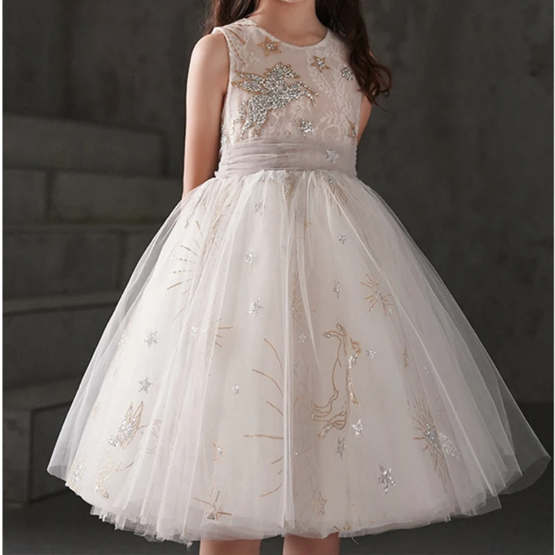 

Модное высококачественное корейское простое бальное платье с круглым вырезом, роскошное платье с цветочной вышивкой и блестками, популярное Многоярусное платье-трапеция