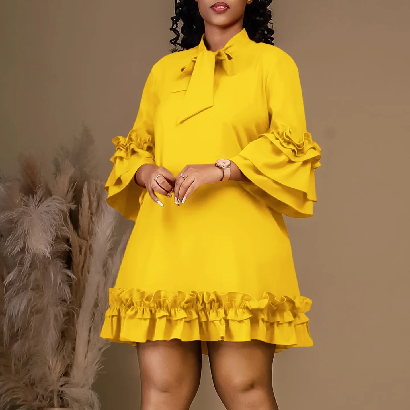 

Prowow Loose Style Women Mini Dress Long Sleeve Ruffle Spring Summer Female Clothing Solid Color High Qualitty Boutique Vestidos