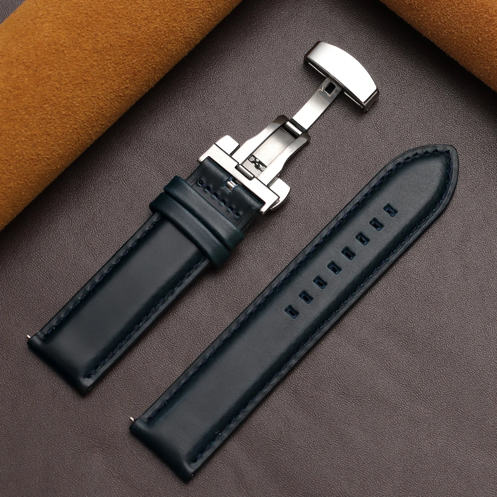 Luxurious Dark Brown Calfskin Leather Watchband with Butterfly Buckle