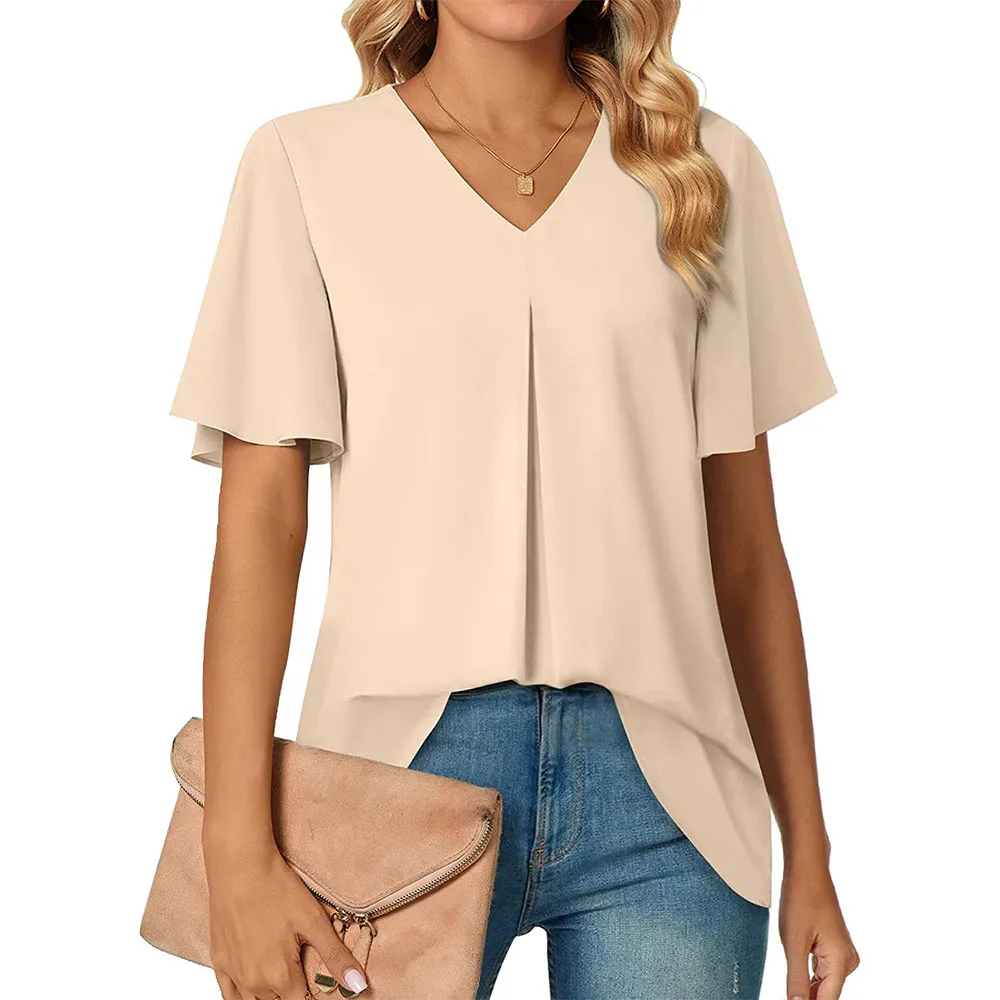 Dámské letní elegantní šifonové halenky s výstřihem do V, krátkým rukávem, tunikou, topem, legínami, ležérním tričkem 621_voghion.com