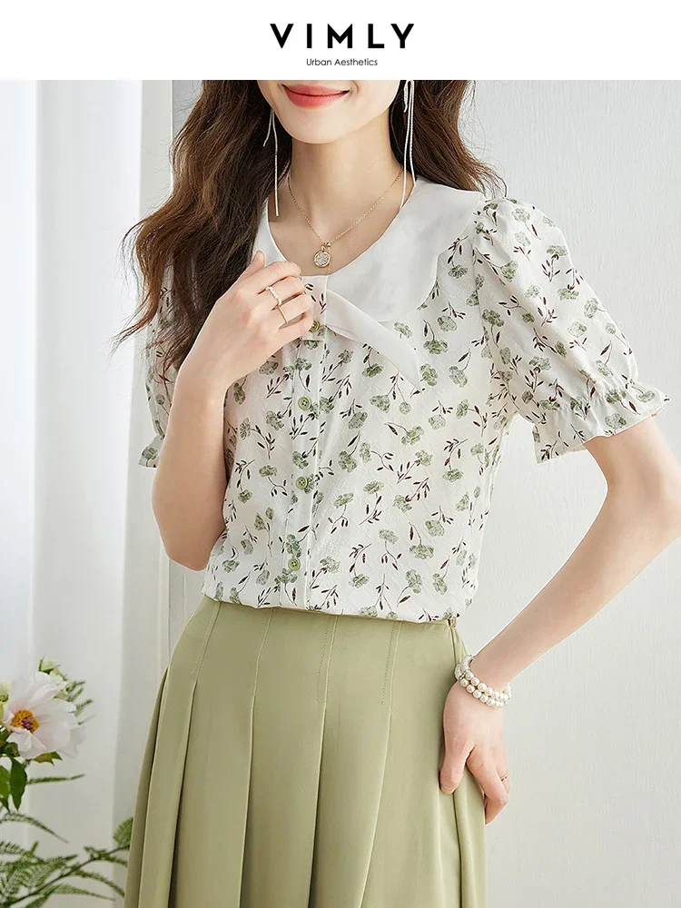 Vimly Summer 2023 Floral Print Women's Shirts French Chic Chiffon Shirts & Blouses Peter Pan Collar Short Sleeve Female Tops vimly prairie chic green floral print women s top 2023 summer pullover o neck chiffon french puff sleeve straight female shirt