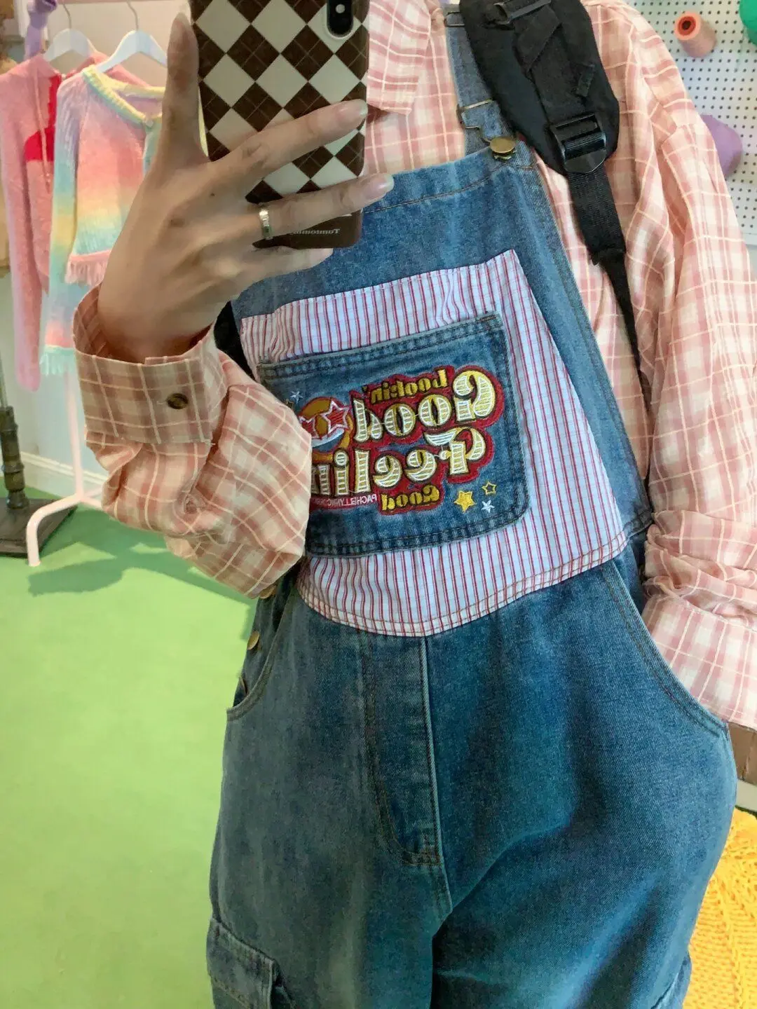 Braces Trousers Fun Letter Embroidery Design Denim Strap Pants For Women Summer American Retro Loose Wide Leg Braces Trousers