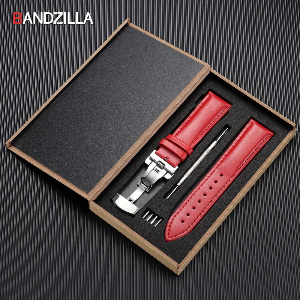 Elegant Genuine Leather Watchband with Butterfly Buckle - Includes Premium Wooden Box