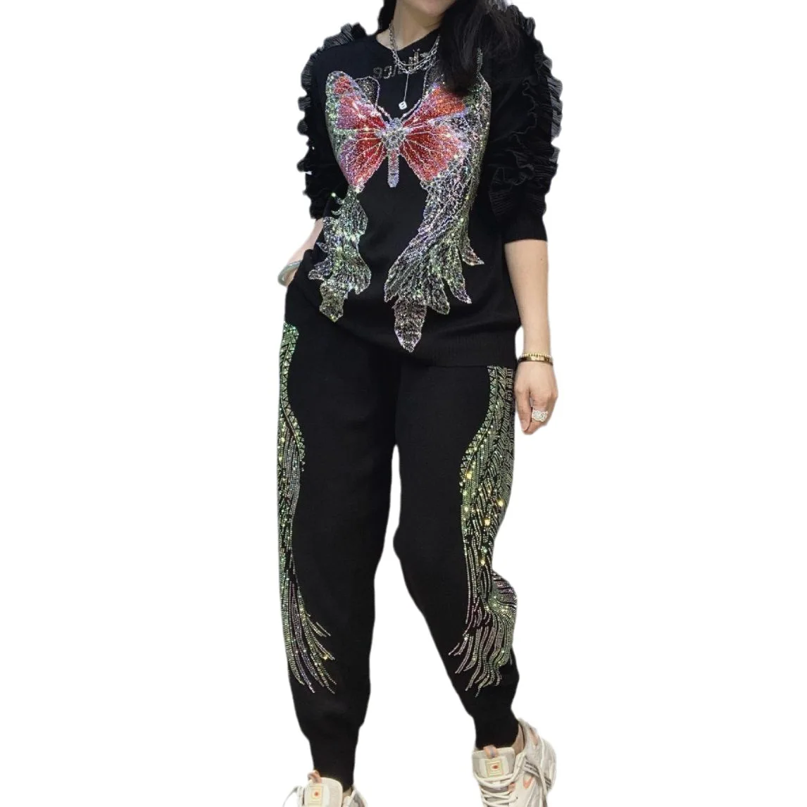 Gitter Rhinestones Knitted Tracksuit For Women Autumn Sports Set Stretchy Casual Hoodies And Trousers Больших размеров 5