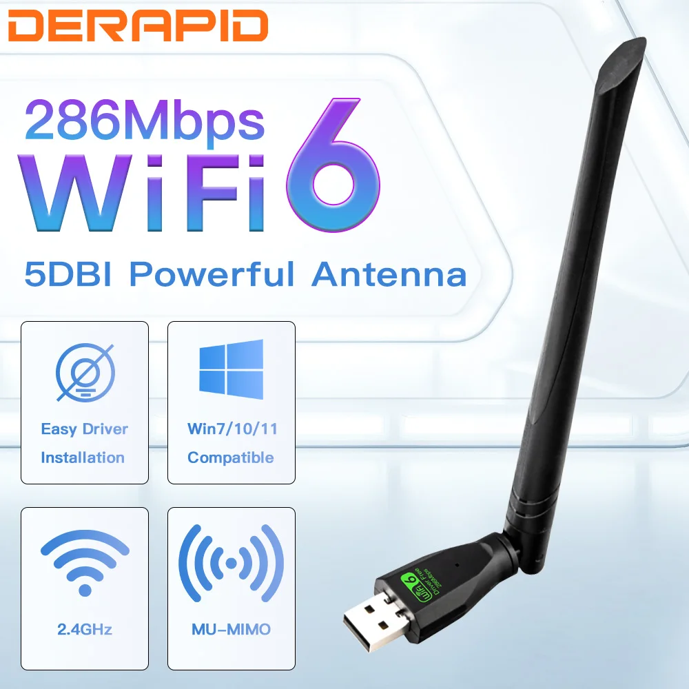 무선 어댑터 Wlan 신호 리시버, 고이득 안테나 포함, Win7/10/11 드라이버 무료, WiFi6 2.4G, USB2.0, AX300, 802.11n
