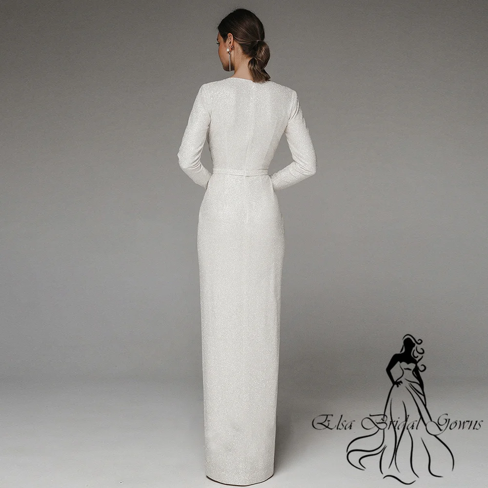 Customized Wedding Dresses New Arrivals V-Neck Simple Long Sleeves Sequin Bride Dress Side Split Mermaid Elegant Party Gowns 6