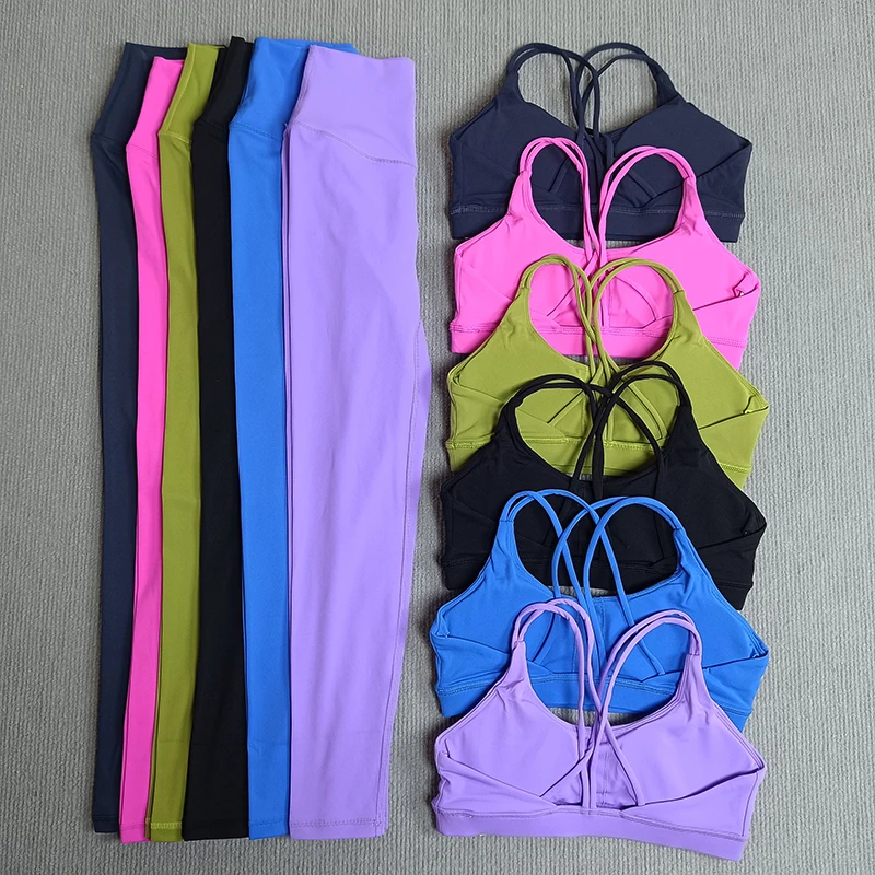 Description Picture 2 of item2 Pcs Gym Tights Yoga Clothes Set Sports Set Women Cross Back Bra Top High Waist Leggings Fitness Suit Running Workout Tracksuit
