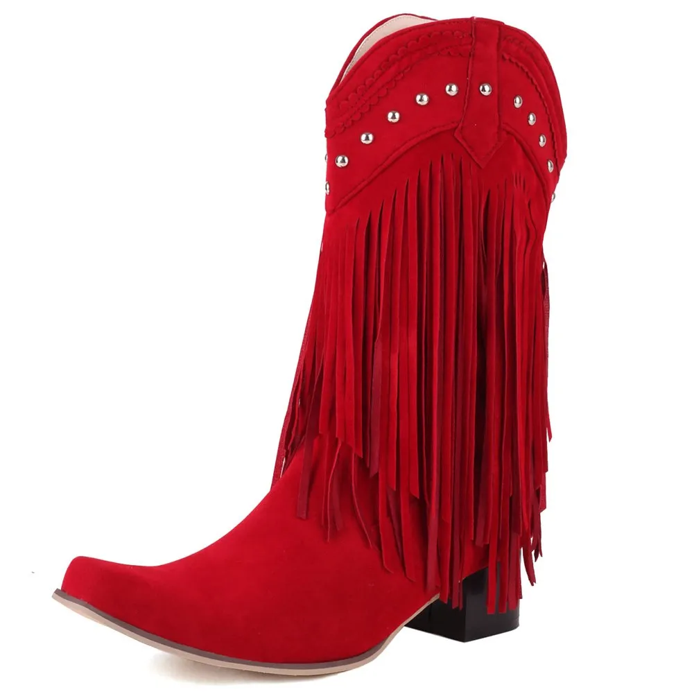 

AOSPHIRAYLIAN retro Western Tassels Fringe Cowboy Cowgirl Boots For Women 2023 Vintage Mid Calf Women Casual Boots Shoes