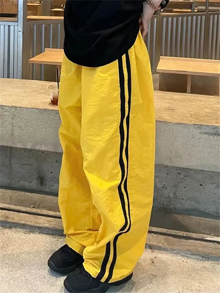 

Y2K Vintage Yellow Sweatpants Women Streetwear Hip Hop Quick Dry Gray Joggers Oversize American Retro Striped Track Pants
