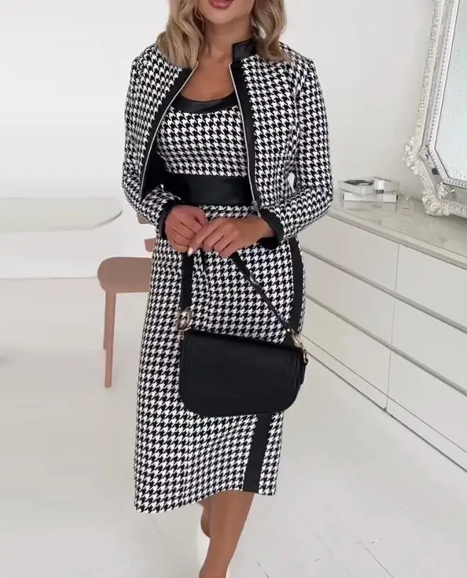 Women's Three Piece Suit 2023 Elegant Commuter Party Formal Suit Houndstooth Print Tank Top & Skirt Set with Zipper Fly Jacket