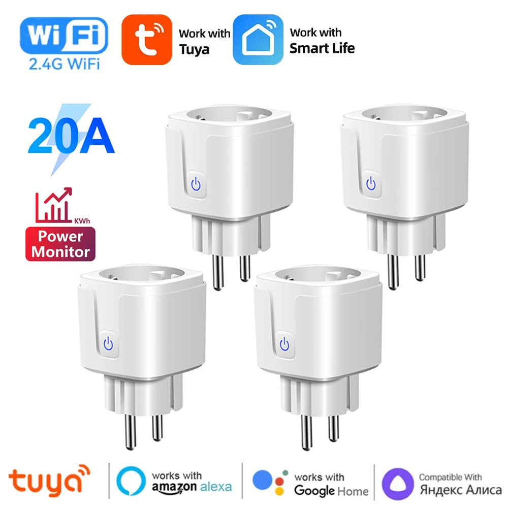 Smart Plug WiFi Socket EU Plug 20A Power Monitor Timing Function Tuya Smart Life APP Control Works with Alexa Google Home Alice