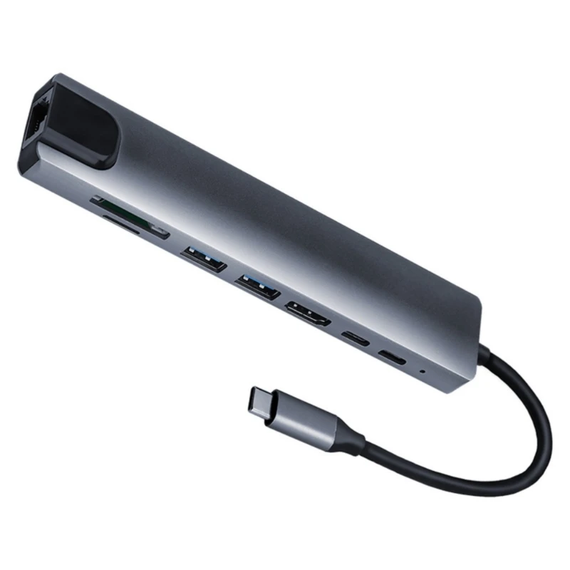 8 in 1 Multiport Adapter with Gigabit Ethernet Type-C USB Port Card Reader 601E