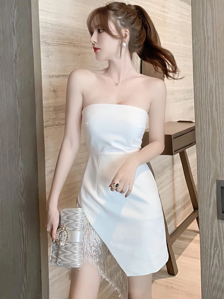 Sexy-Mini-Dress-Women-2023-White-Beaded-Tassel-Strapless-Backless-Off ...