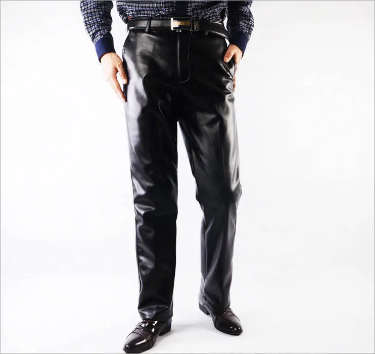 Casual pants Men Faux Leather Pants Fashion Casual Plus Size 29-42 Motorcycle Trousers Black Straight
