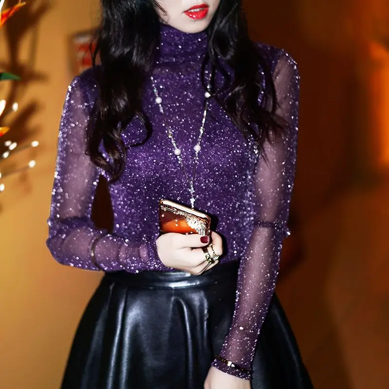 Bright Silk Long Sleeve T-Shirt Chic Lace Gauze See Through Slim Korean Fashion Blouses for Women Free Shipping