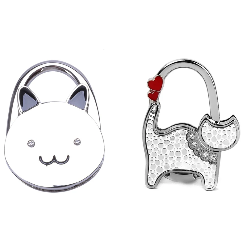 

2 Pcs Foldable Handbag Hook Antislip Rubber Base Black Cat Cartoon & Cat Shaped White