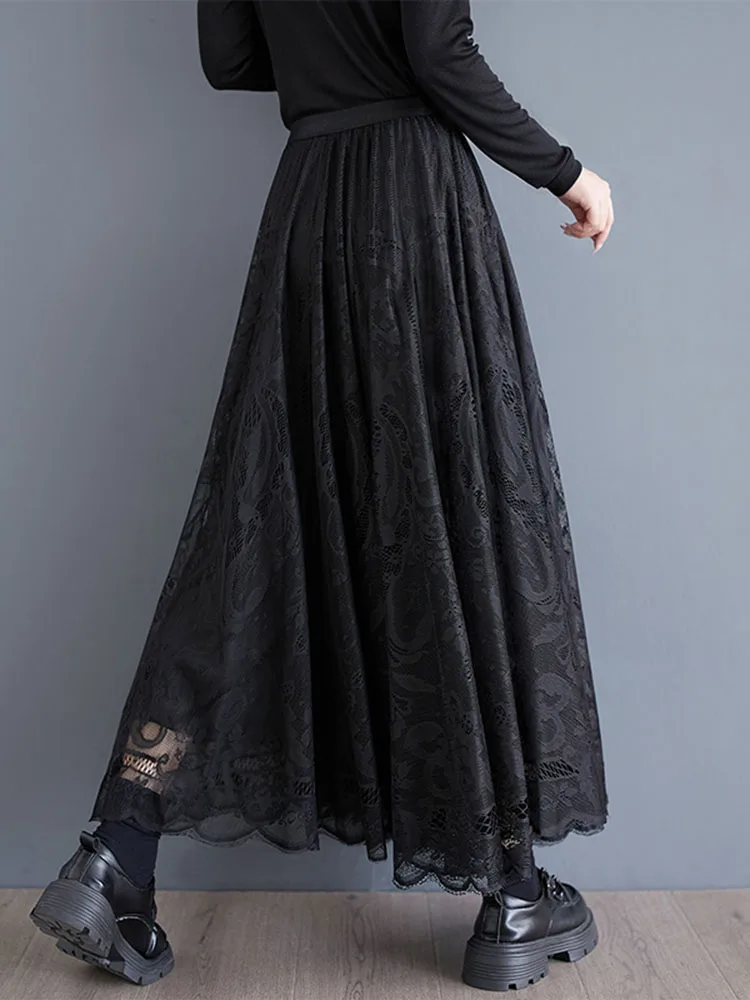 2025 Spring Autumn New Black Vintage Hollow Lace Skirt Women High Elastic Waist  Loose Casual Midi Skirts Fashion Clothing