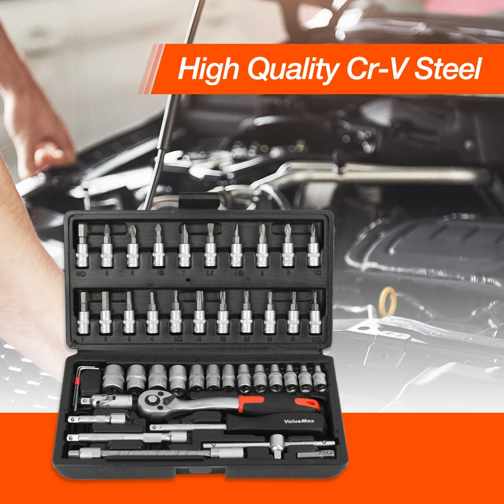 ValueMax 46pc Car Repair Tool Kit 1/4"Socket Wrench Set Repair Tools Box for Home Ratchet Screwdriver Bits