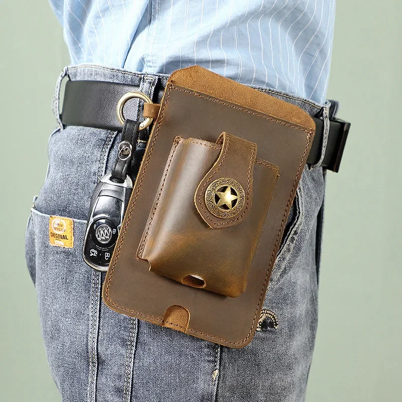 Genuine Leather Men's Waist Bag with Phone Holder and Belt Loop, Crazy Horse Leather Outdoor Pouch