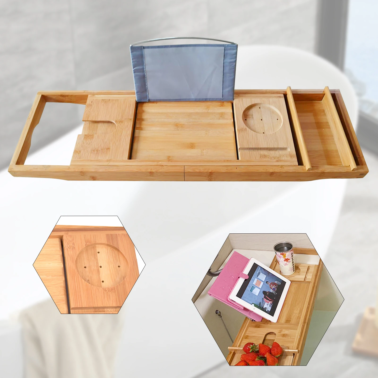 Wooden Bath Caddy Bath Board Shelf Tablet/Phone Red Wine Cup Slot Holder Tray