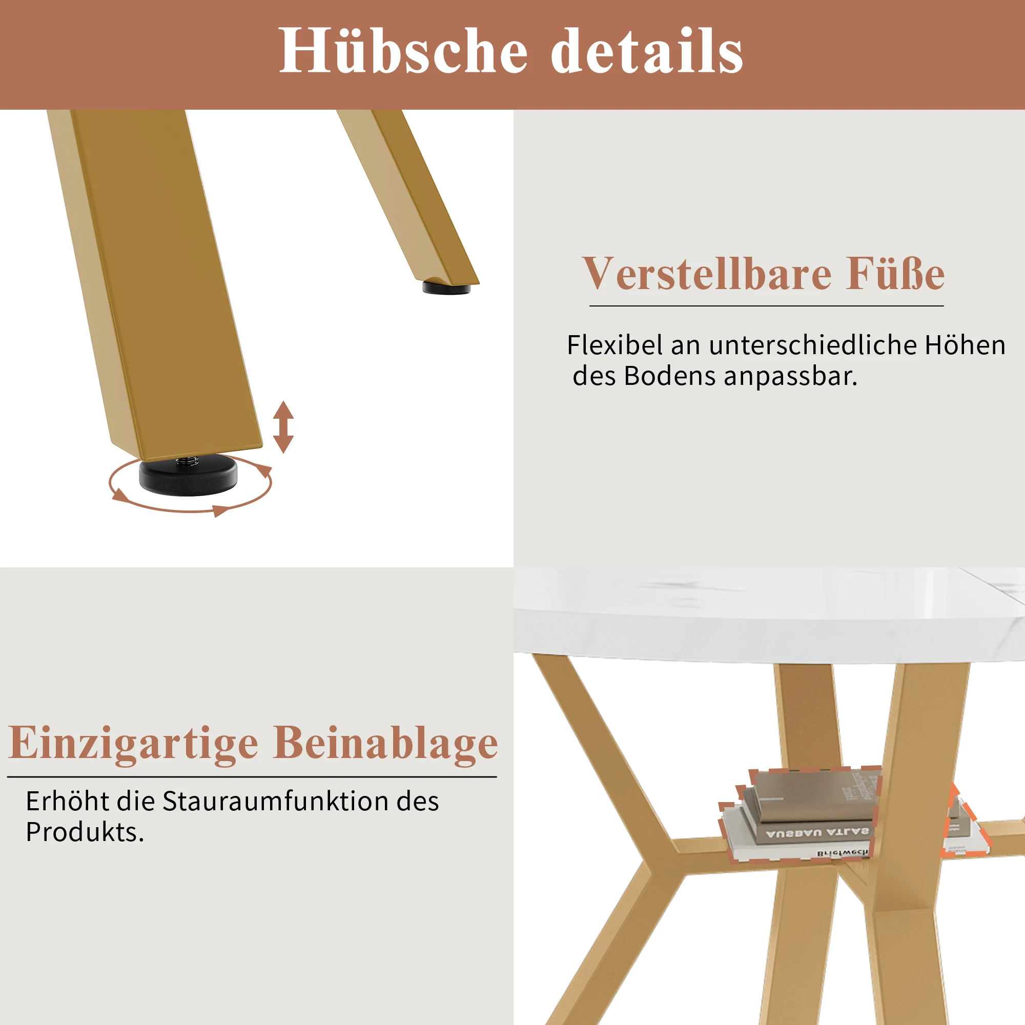 Moderner und einfacher runder Marmor-Esstisch (Durchmesser 1 m), X-förmiger Couchtisch mit Metallhalter, stabil und langlebig – Detail 3