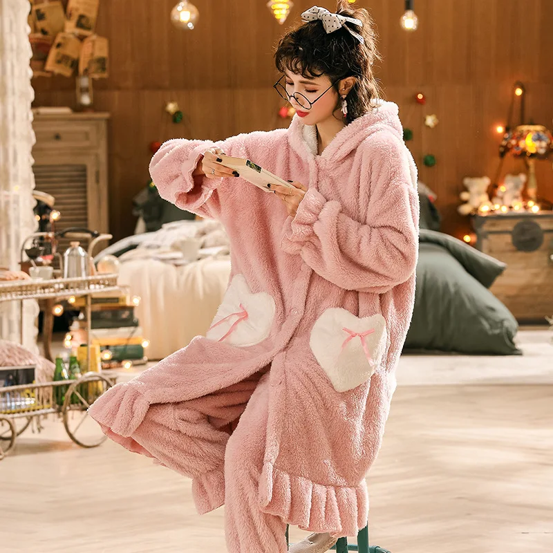 Sweet Animal Flannel Pajamas Sets Winter Thick Nightgown Suit With Pants Pyjamas Set Soft Fleece Plush Warm Sleepwear Robe Sets