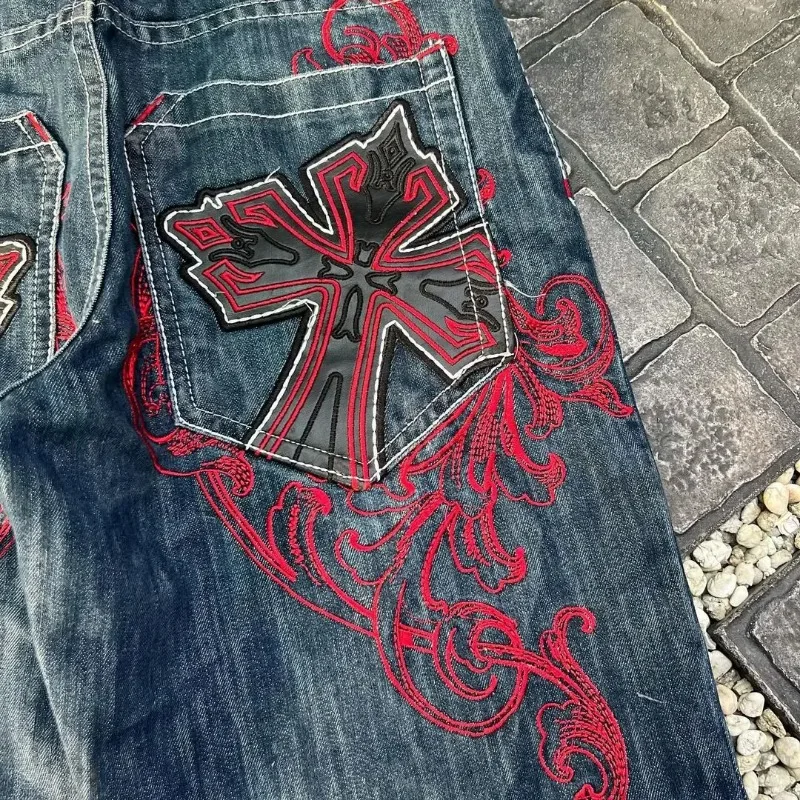 Gothic punk cross graphic print design casual denim short for men 2024 new fashion comfortable versatile casual jorts shorts y2k 5