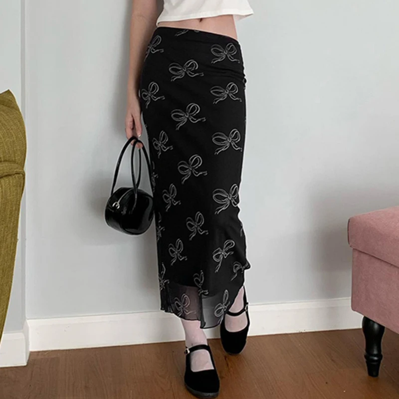 Falda Y2K Fairycore para mujer, con estampado de lazo y ribete de encaje, de cintura baja, de malla, ajustada, estilo grunge de los años 2000, para fiestas y ropa de calle.