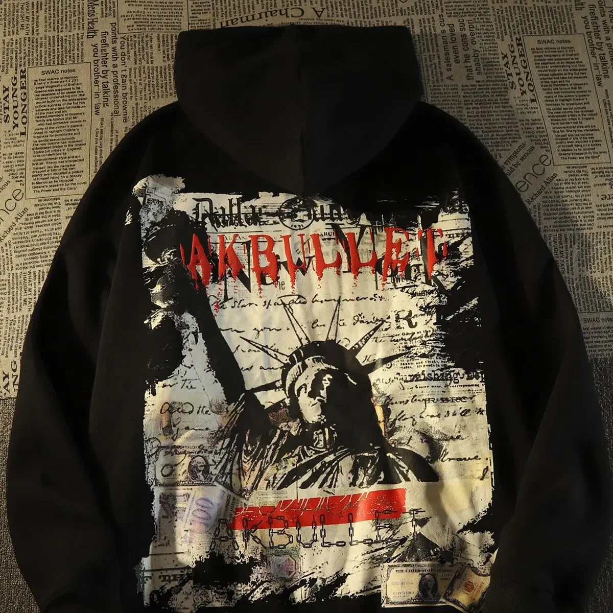 American Retro Statue of Liberty Printed Hooded Sweater for Men and Women Couples Loose and Lazy Design Long Sleeve Coat Clothes