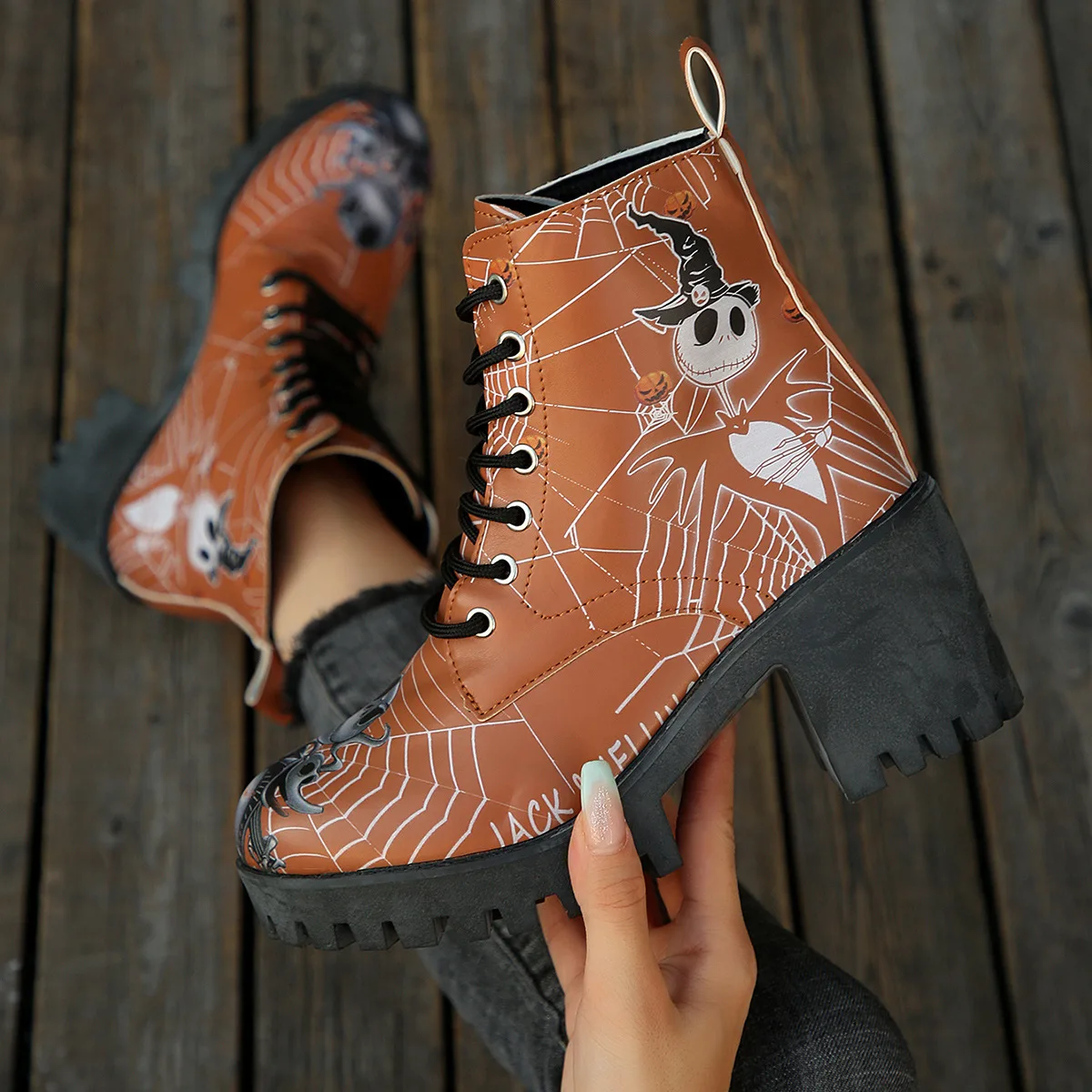 Halloween Platform Ankle Boots for Women Cartoon Skull Pumpkin Print Boots Woman Thick Bottom High Heel Lace Up Booties Ladies