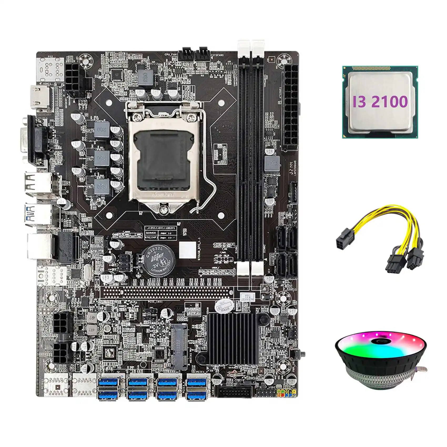 

B75 ETH Mining Motherboard 8XPCIE to USB+I3 2100 CPU+RGB Fan+6Pin to Dual 8Pin Cable LGA1155 B75 BTC Miner Motherboard