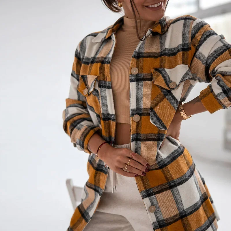 Autumn Retro Plaid Print Ladies Tops Outerwear Women Casual Turn-down Collar Single Breasted Coats Streetwear Pocket Long Jacket