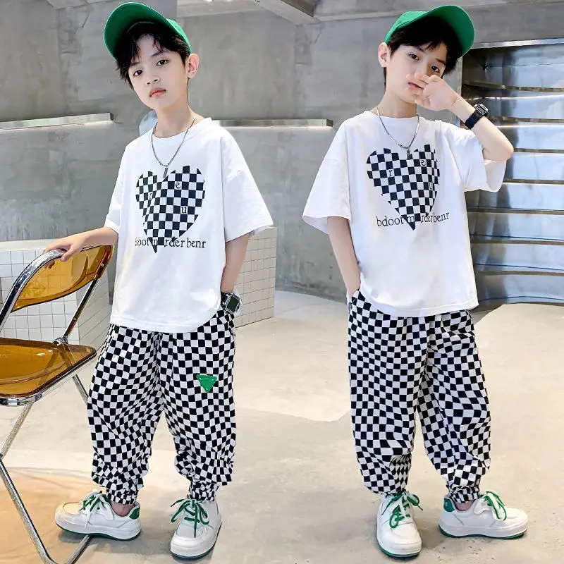 

2023 Summer Cotton Boy Clothes Sets Boy Plaid Korean Casual T-Shirt Shorts 2Pcs Sets Funny Fashion Kids Tracksuit for 5-14 Year
