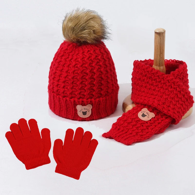 3Pcs Kids Hat Scarf and Snow Gloves Set Winter Knit Warm Soft Outdoor for Boys Girls and Toddlers