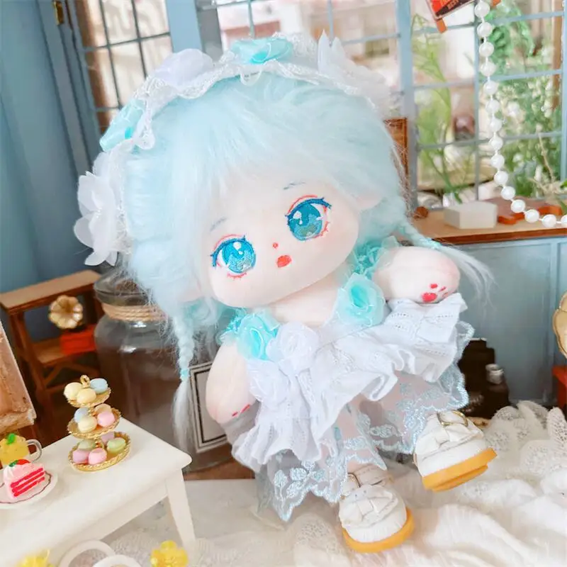 20cm Kawaii Blue Hair Girls Plush Doll Cute Blue Flower Dress Suit