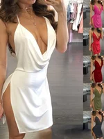 Sexy Elegant Dress Wrap Deep V Neck Backless Side Slit Bodycon Dress Women Spaghetti Strap Halter Slim Dress Club Party Vestidos 1